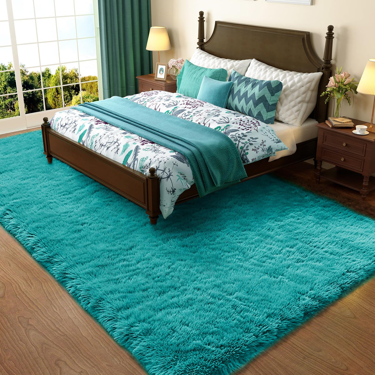 Ophanie Teal Rug fluffy-soft texture in a cozy bedroom