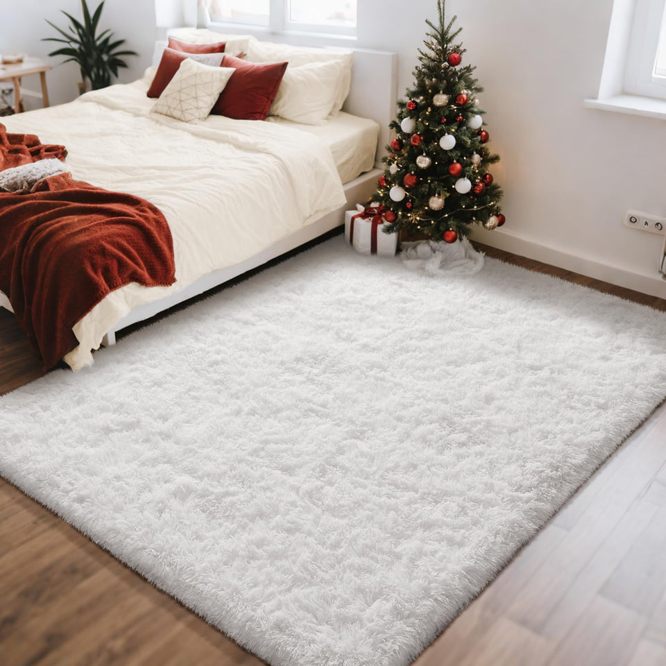 Ophanie white rug for bedroom with fluffy texture and non-slip backing.