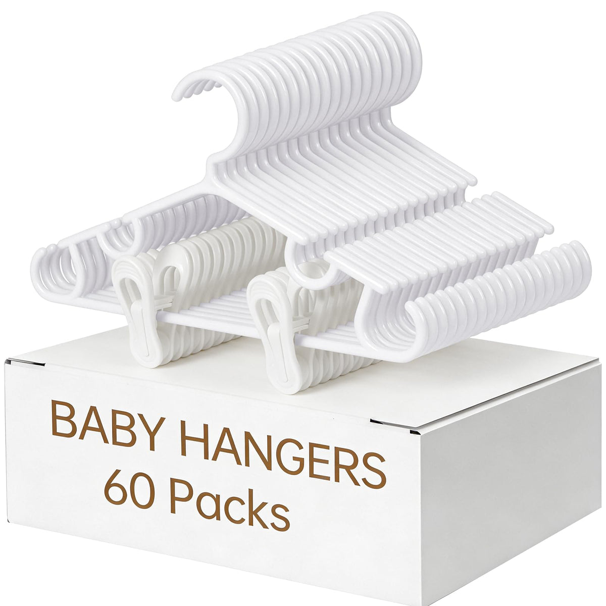 Oppeeye nursery baby hangers with clips in a 60-pack white set for organized newborn clothes.