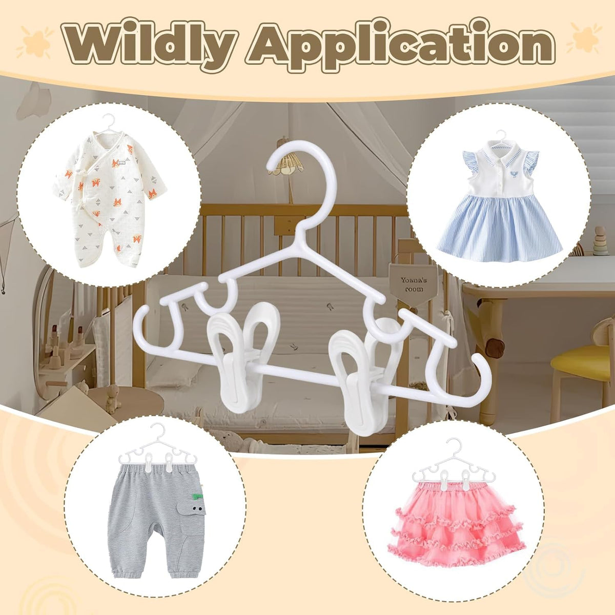 Nursery closet organization demo using Oppeeye hangers and clips.