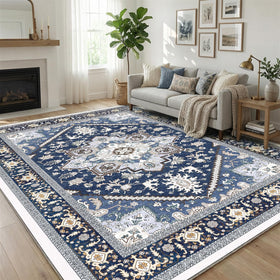 OPPODREAM soft 8x10 rug in navy and gold adds luxurious living room comfort