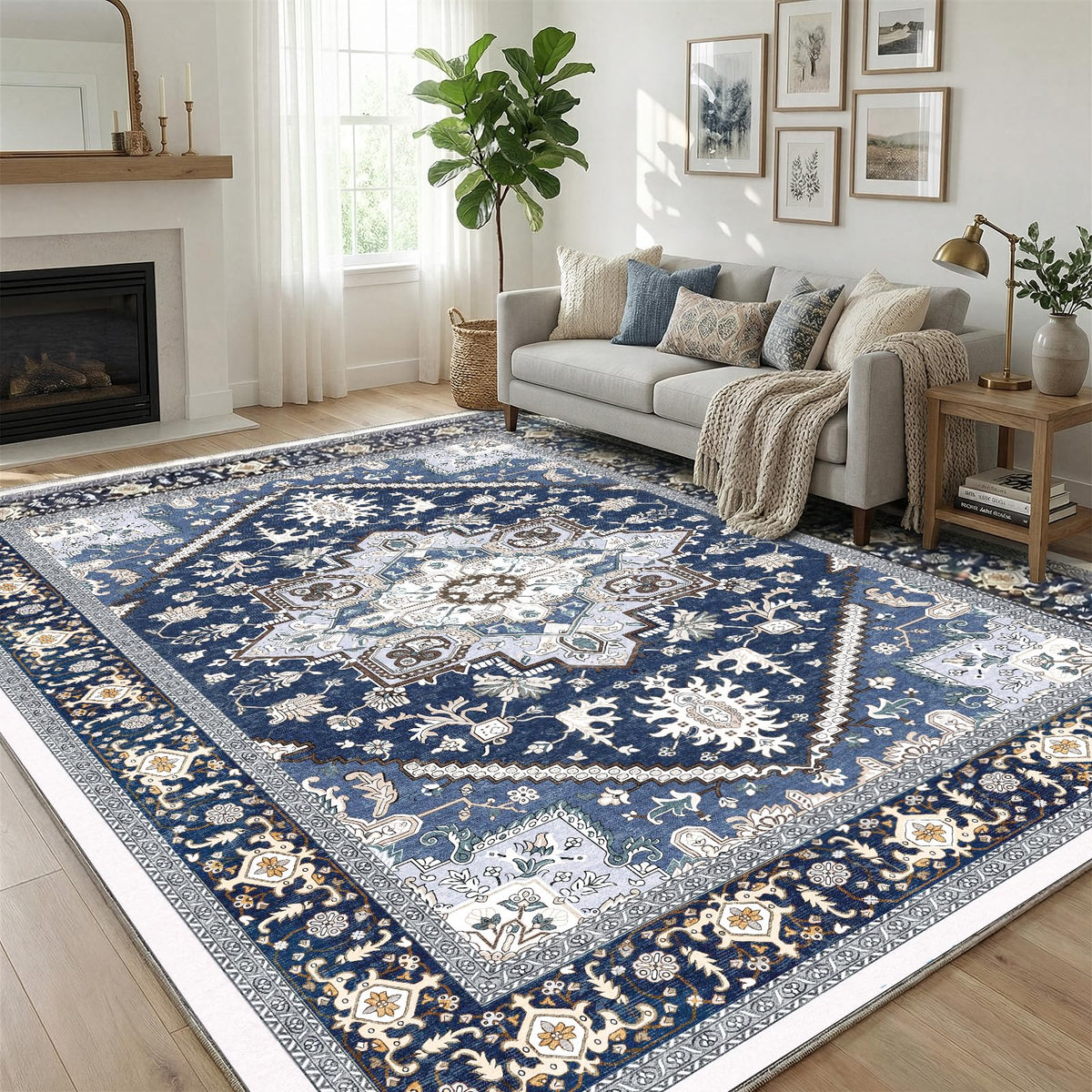 OPPODREAM soft area rug 5x7 navy blue and gold, plush underfoot for cozy rooms.