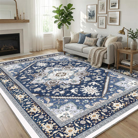OPPODREAM soft area rug 5x7 navy blue and gold, plush underfoot for cozy rooms.