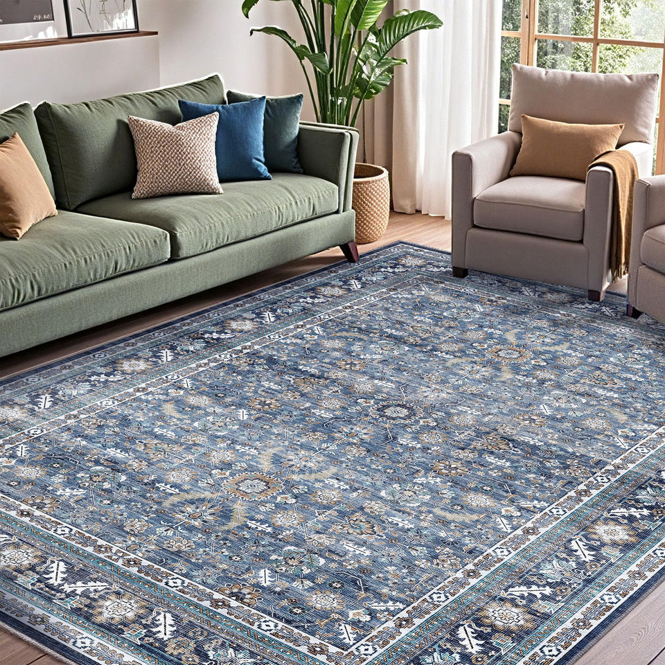 OPPODREAM Vintage Blue Area Rug 5x7, ultra-soft faux wool for cozy living rooms.