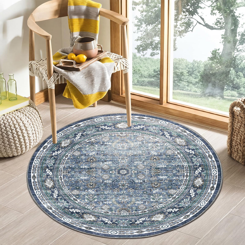 OPPODREAM Vintage Blue Round Rug 4ft top view shows plush softness for cozy feet