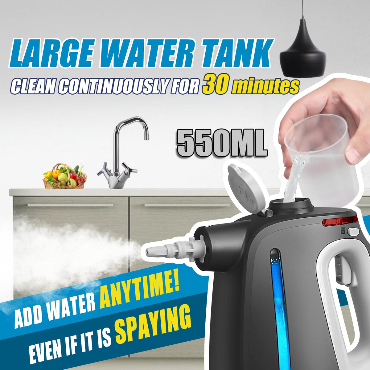 Opstrava handheld steam cleaner emitting powerful steam for stubborn grime