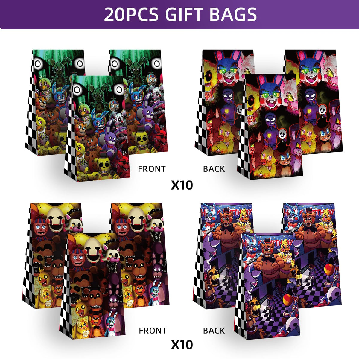 Optiacan five nights themed gift bags showcase Freddy-inspired artwork for a themed party.