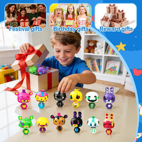 Optiacan Freddy's figures on a shelf showcase collectible charm and color.