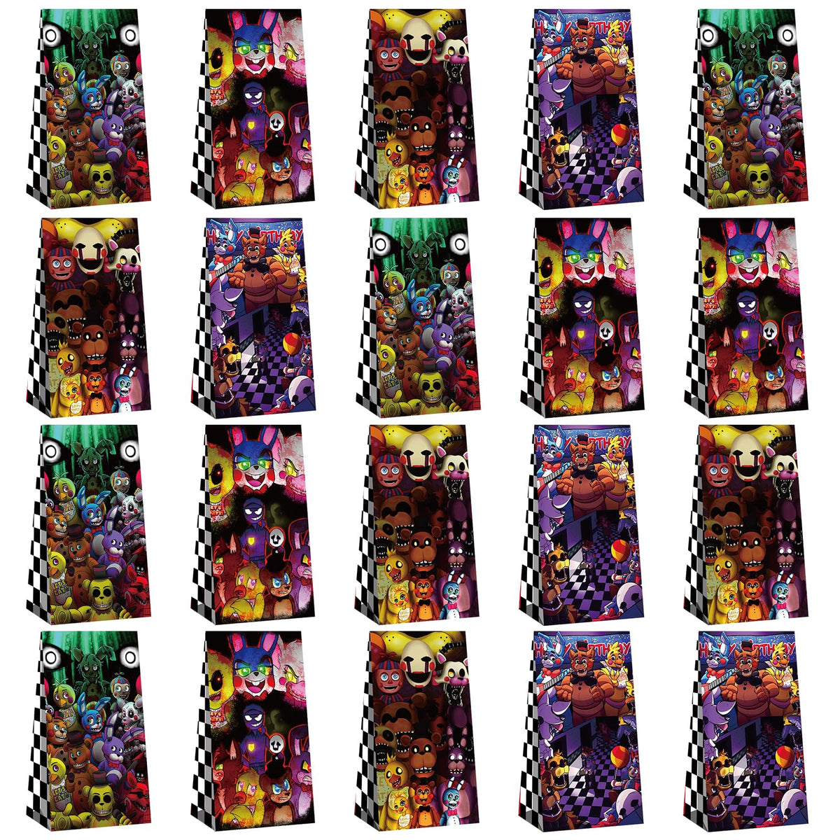 Optiacan Freddy's goodie bags pack-20 with vibrant party designs for favors.