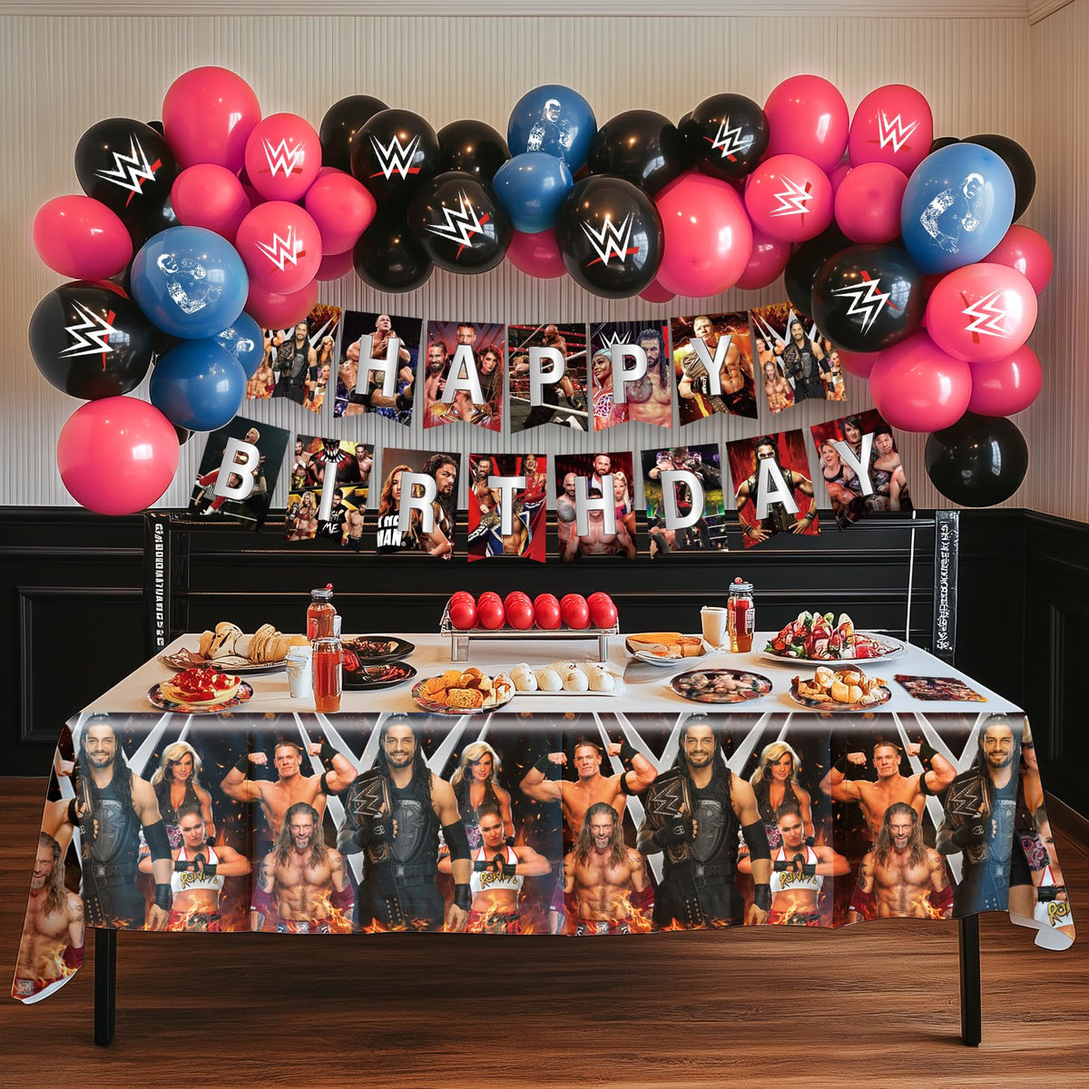 Optiacan wrestling tablecloth close-up protecting surfaces during party fun