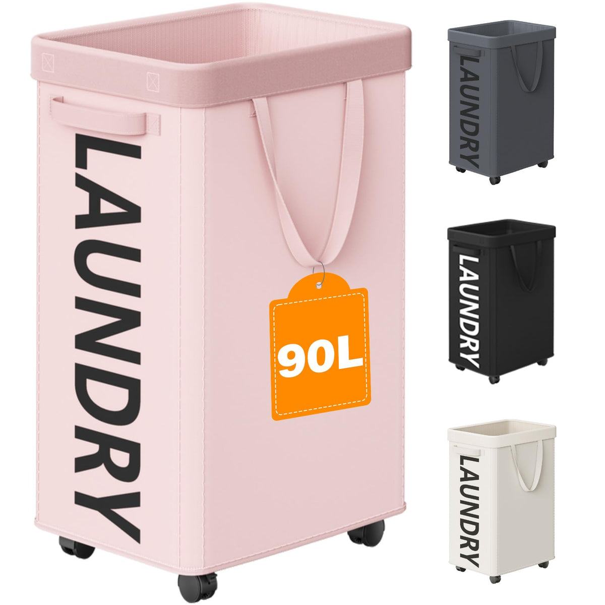 Optish laundry basket with wheels, side view, showing 90L capacity