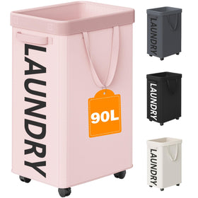 Optish laundry basket with wheels, side view, showing 90L capacity