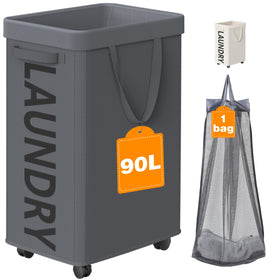 Optish 90L laundry basket with wheels for easy transport.