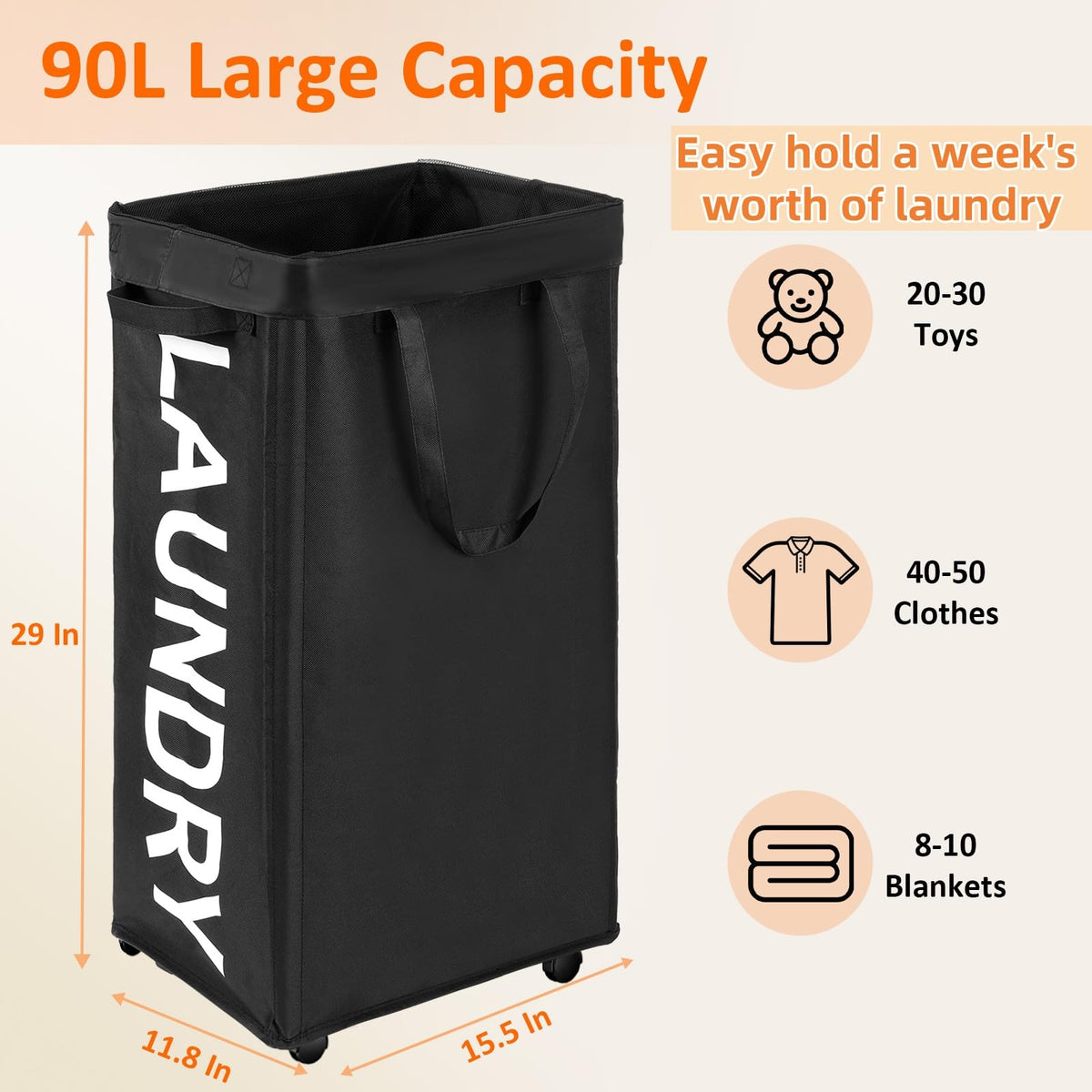 Optish four-wheel rolling hamper rolls smoothly on floors for easy transport.