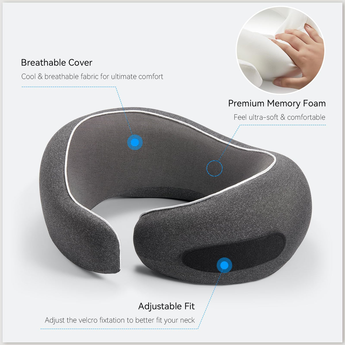 Optixion neck pillow with dust-resistant-adhesive-layer keeps it clean between uses.