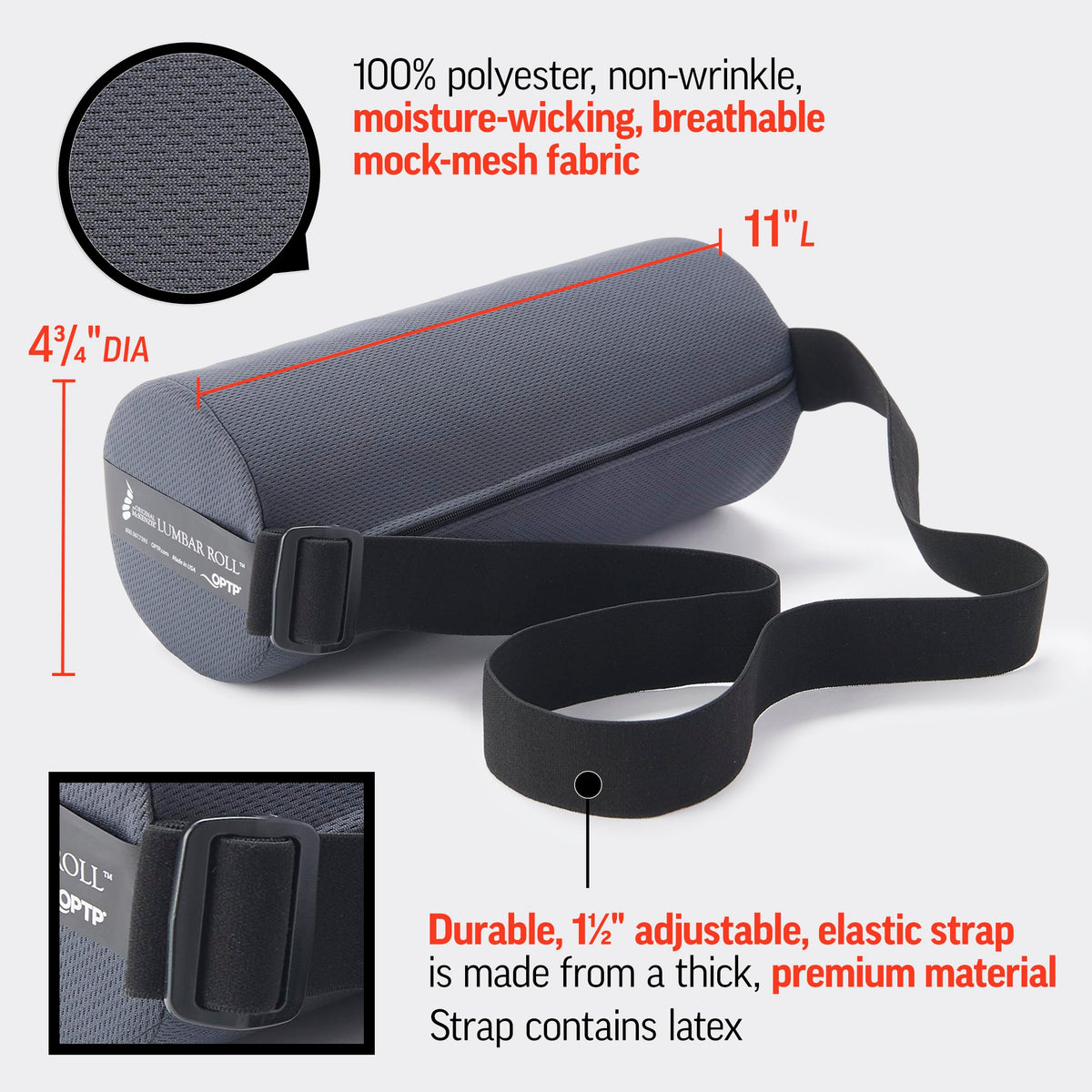 Removable moisture-wicking cover on the OPTP lumbar roll for easy cleaning.