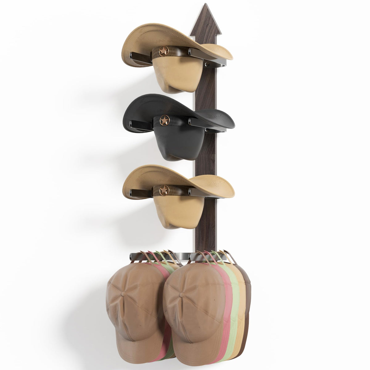 Orapoke Cowboy Hat Rack Wall Mount displaying four hats with a durable rustic wood finish