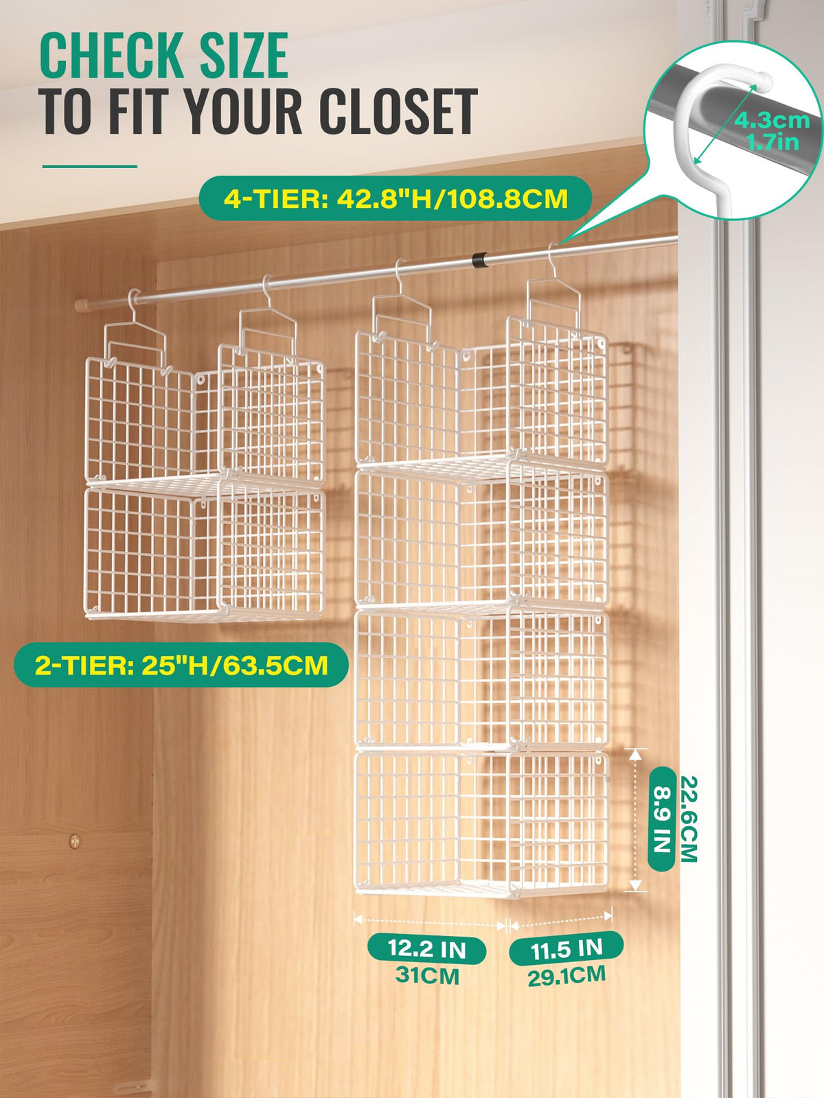 Orapoke hanging closet organizer with wall-mount hooks enables versatile placement.