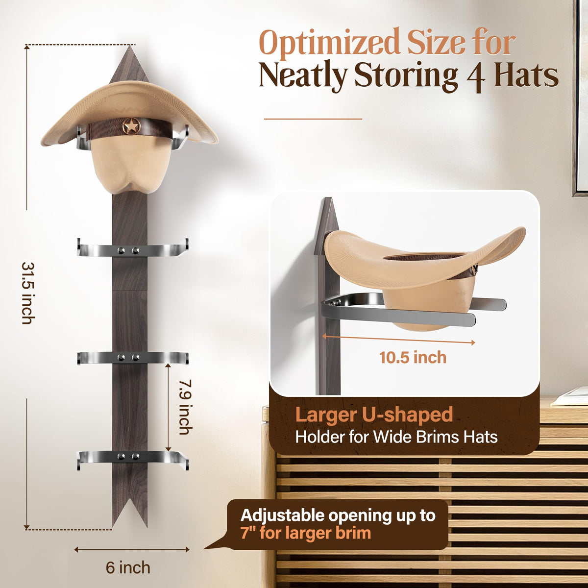 Orapoke hat hooks in black finish securely holding wide-brim hats for organized storage