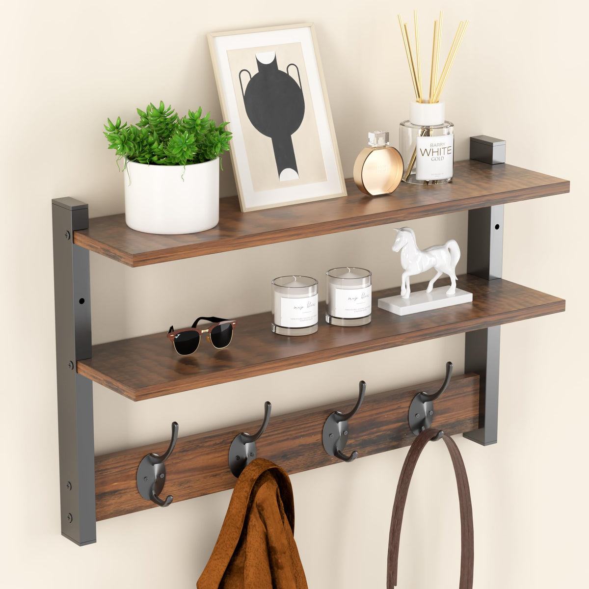 Orapoke two-tier wall shelf with hooks in assembly view for easy setup