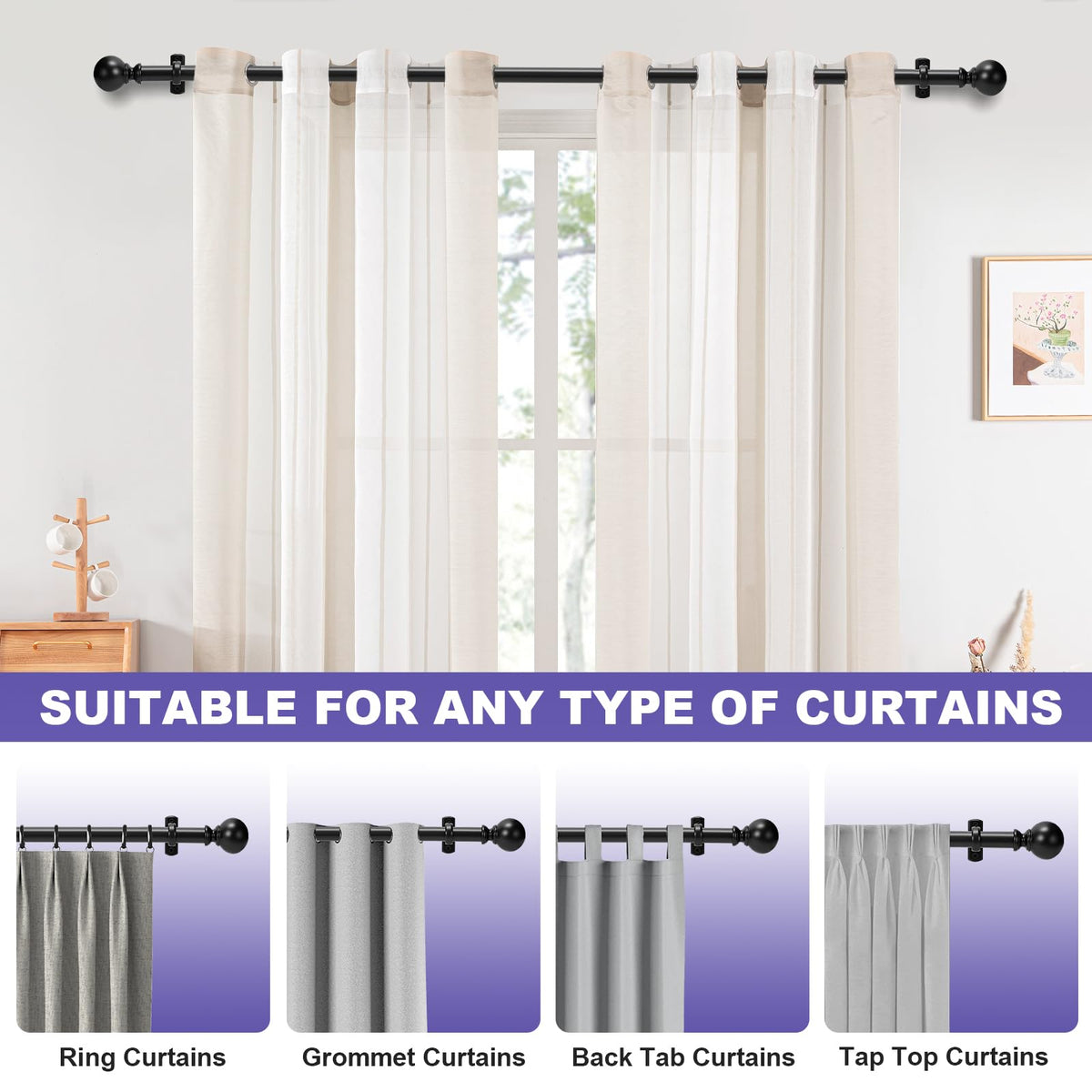 OrbitOasis matte black curtain rod blends with modern decor and textiles.