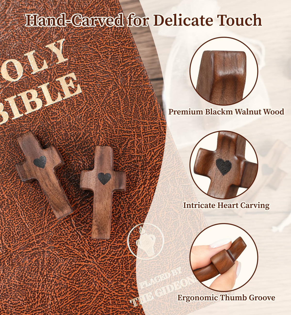 OrbitShell walnut cross closeup highlighting smooth finish and heart detail.