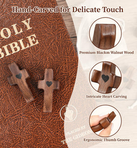 OrbitShell walnut cross closeup highlighting smooth finish and heart detail.