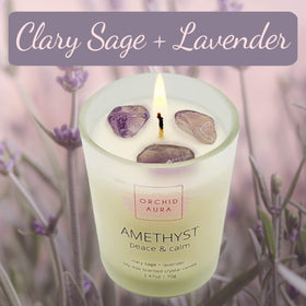 ORCHID AURA Amethyst candle offering calm ambiance with crystals inside.