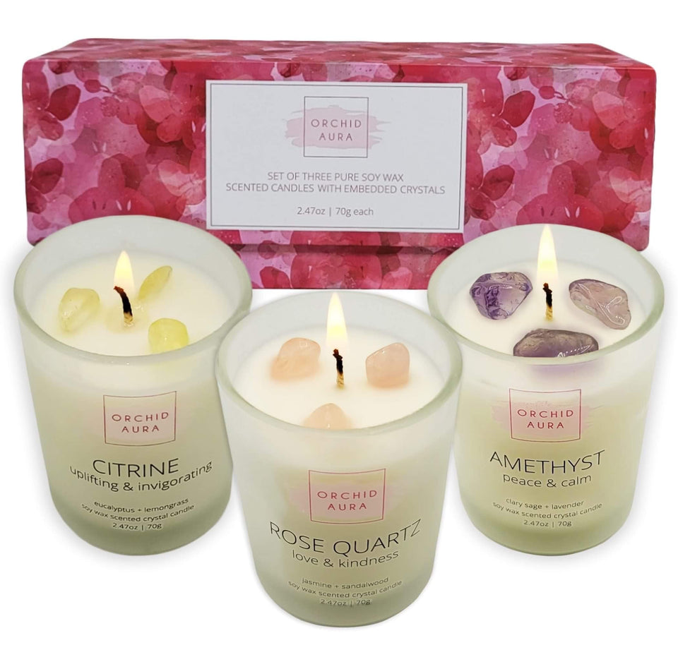 ORCHID AURA crystal candle set packaging shows gift-ready presentation for celebrations.