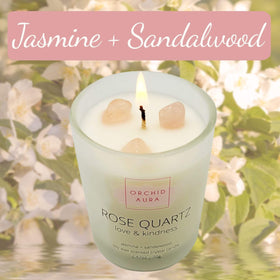 ORCHID AURA Rose Quartz candle featuring self-love crystal pairing.