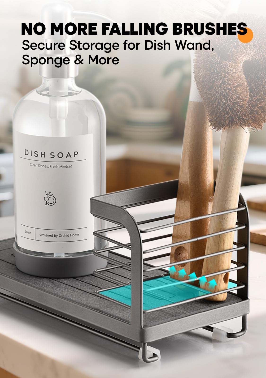 ORCHID HOME brush holder with dividers keeps dish wands upright and accessible.