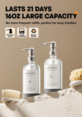 ORCHID HOME 16oz glass bottles with stainless steel pumps for a premium soap station.