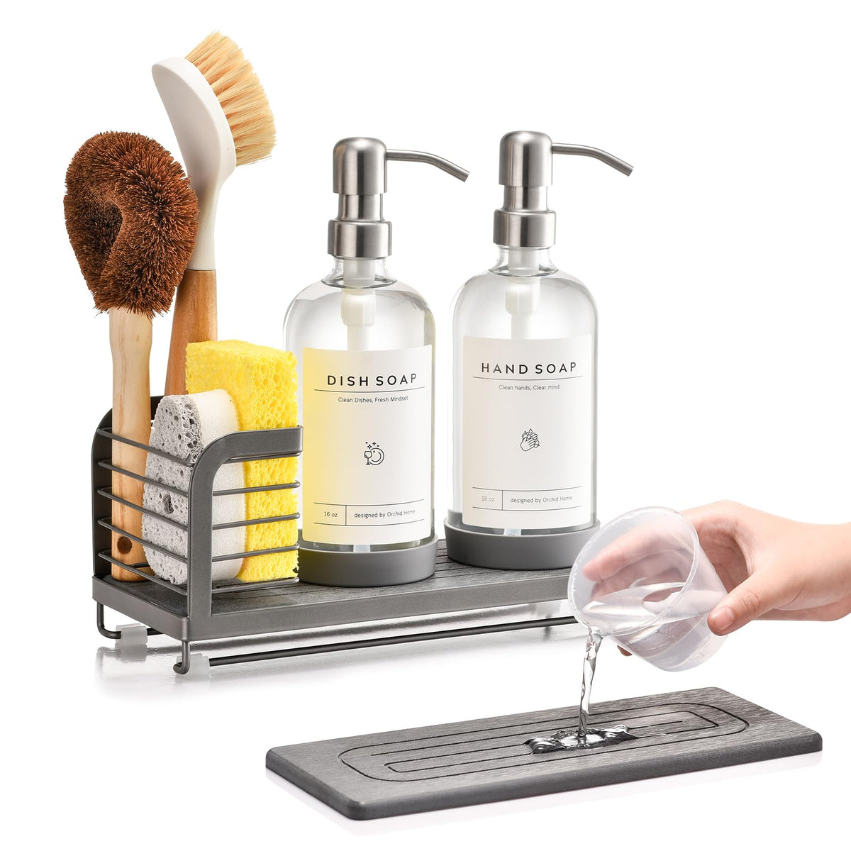 ORCHID HOME kitchen soap dispenser set with glass bottles keeps the sink area neat and organized.