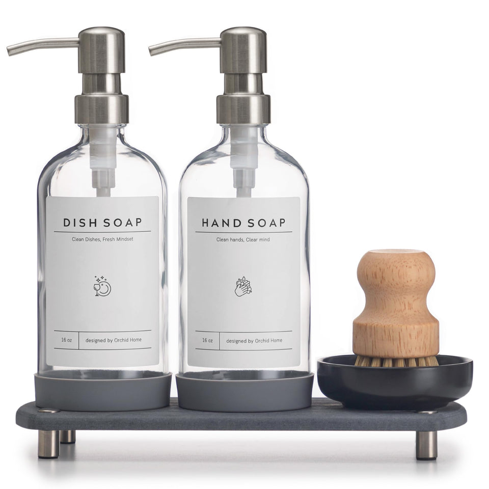 ORCHID HOME luxury kitchen dispenser set bottles emphasize clarity and elegant countertop style