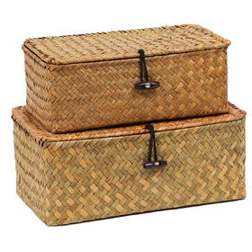 ORDELITE set of 2 wicker baskets with lid in seagrass for organized storage
