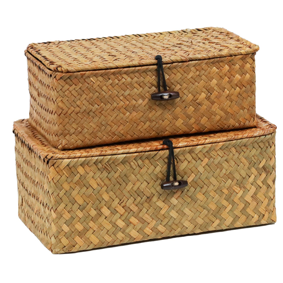 ORDELITE set of 2 wicker baskets with lid in seagrass for organized storage