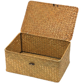 Ordelite wicker basket with lid in natural seagrass for organized storage.