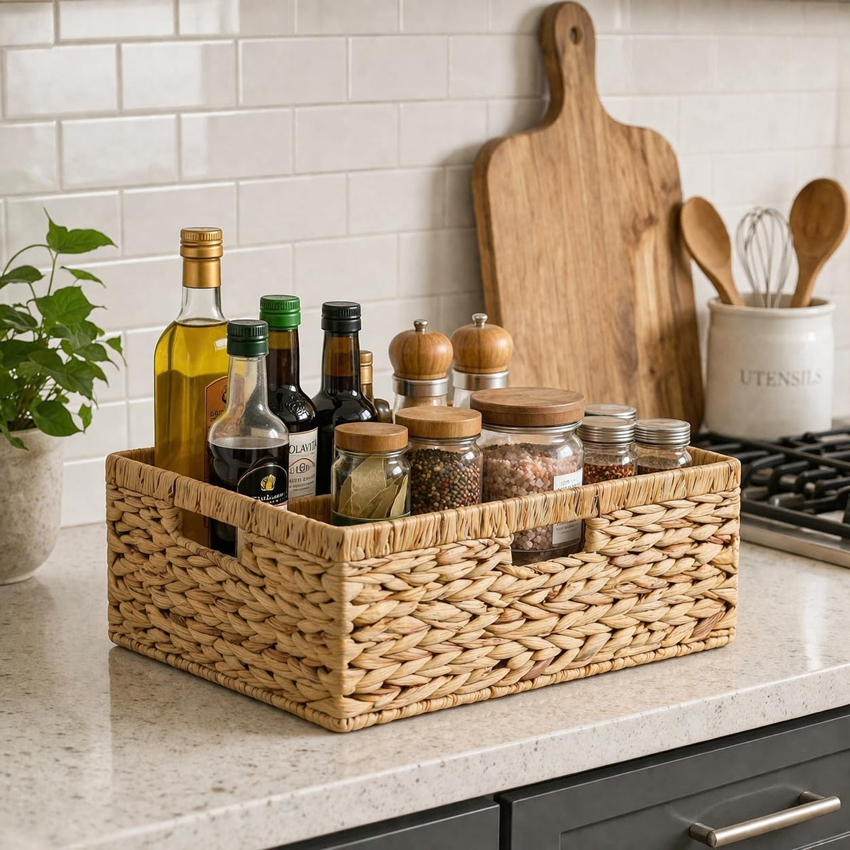 ORDELITE wicker basket with three handles ideal for bathroom kitchen and shelf organization.