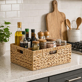 ORDELITE wicker basket with three handles ideal for bathroom kitchen and shelf organization.