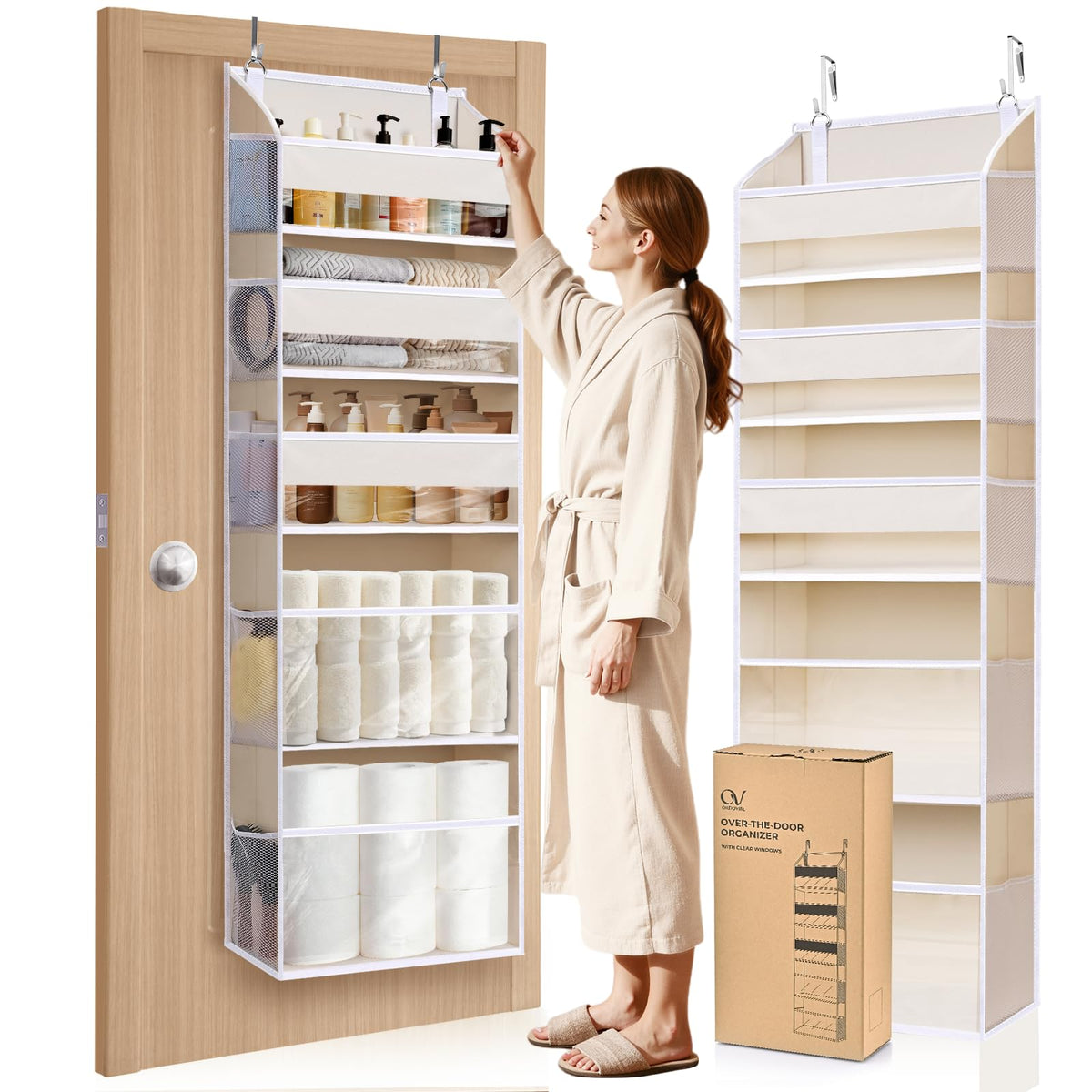 Ordovibe 5-Tier over-the-door organizer with clear pockets keeps essentials visible and accessible.