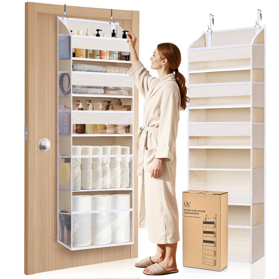 Ordovibe 5-Tier over-the-door organizer with clear pockets keeps essentials visible and accessible.