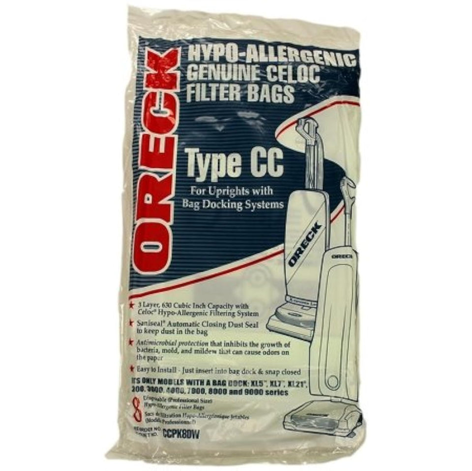 Oreck CCPK8DW hypoallergenic Type CC bag pack for uprights reduces dust during cleaning