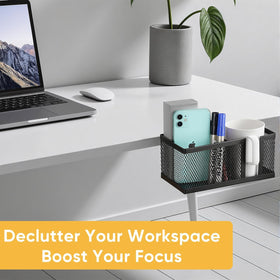 OrgaFocus mountable desk cup attachment shown in use on a table edge.