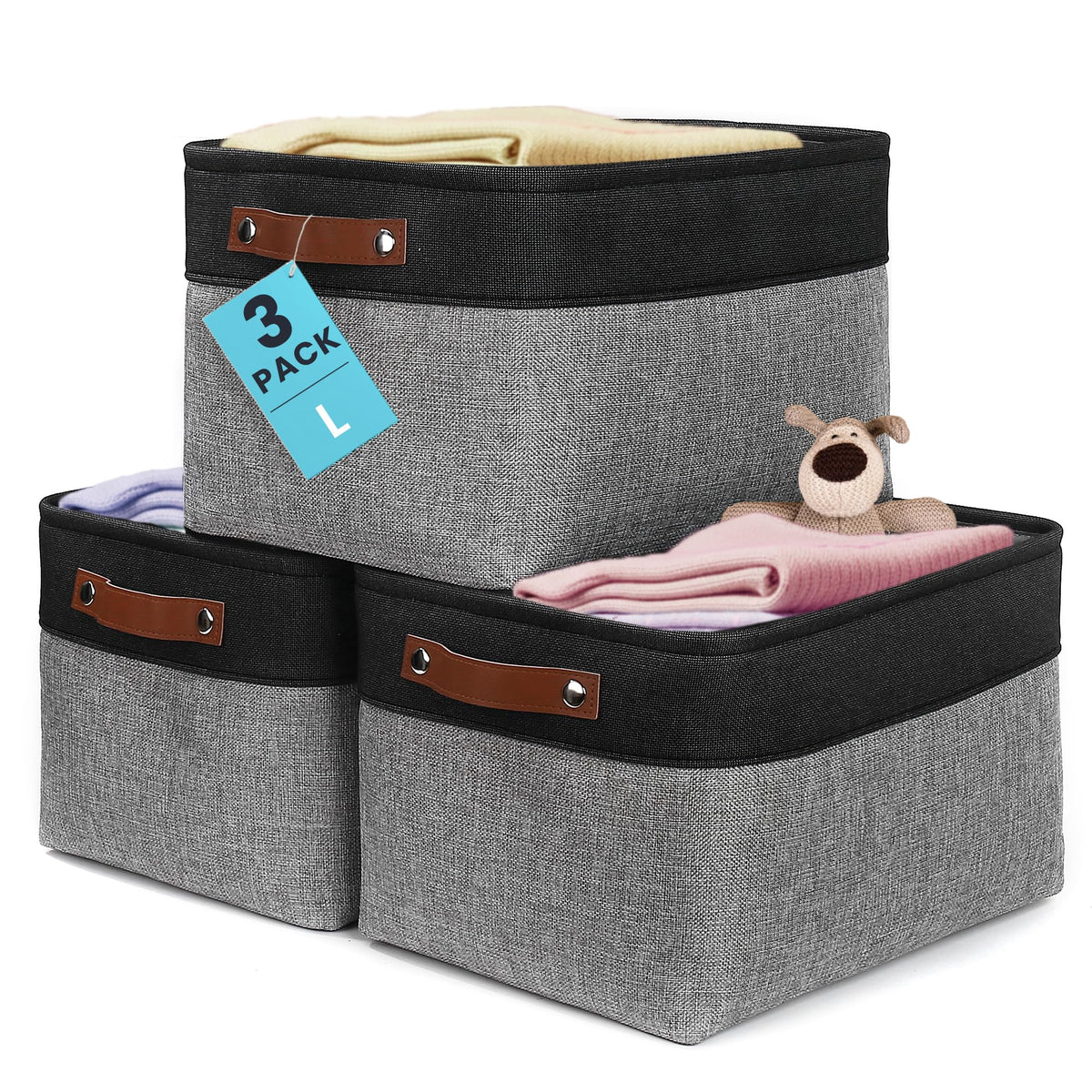 OrganiHaus 15x11in canvas storage basket in gray and black on a shelf, organized and neat