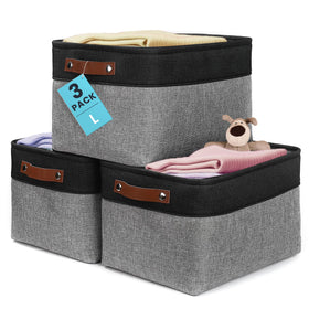 OrganiHaus 15x11in canvas storage basket in gray and black on a shelf, organized and neat