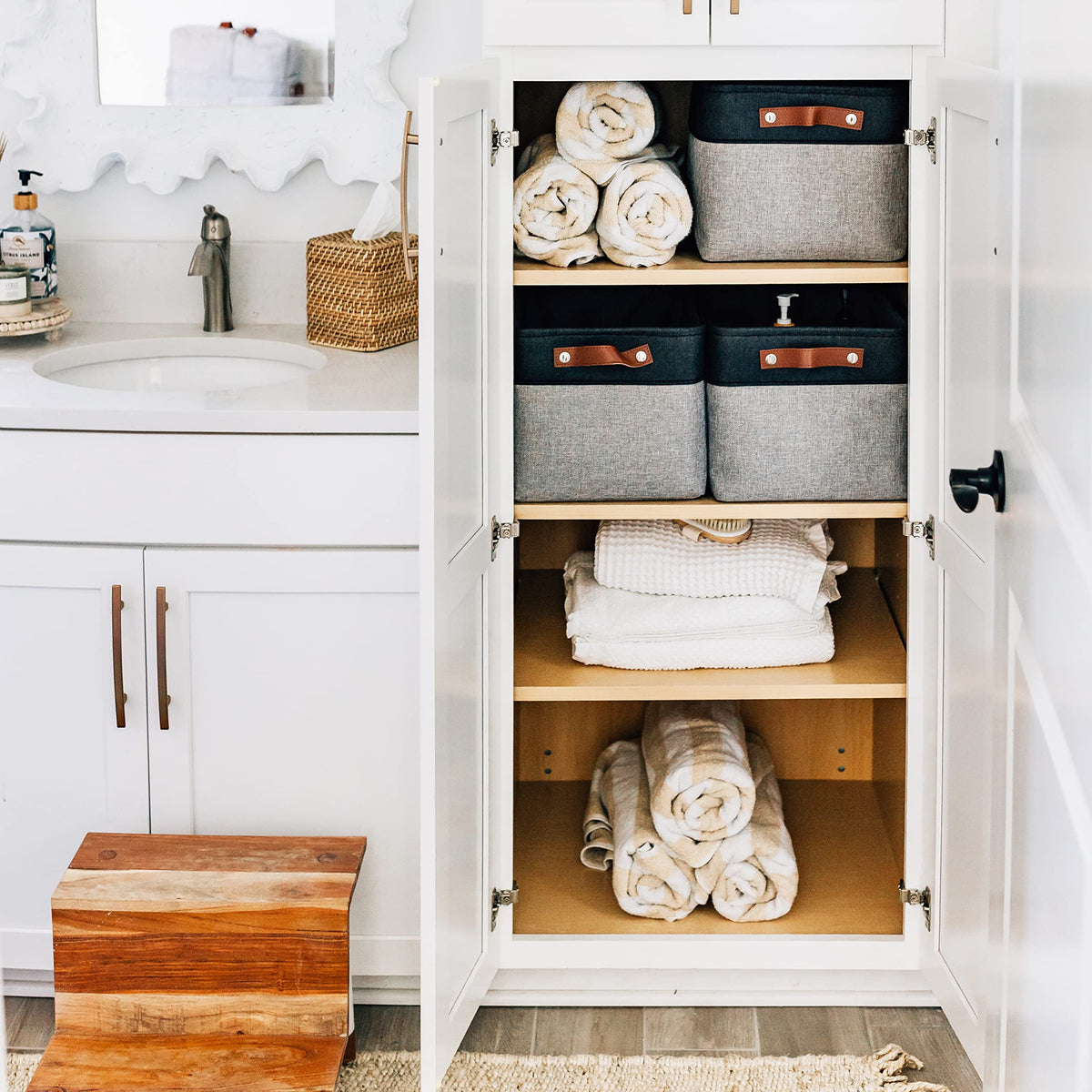 OrganiHaus basket used in a nursery cubby for organized storage