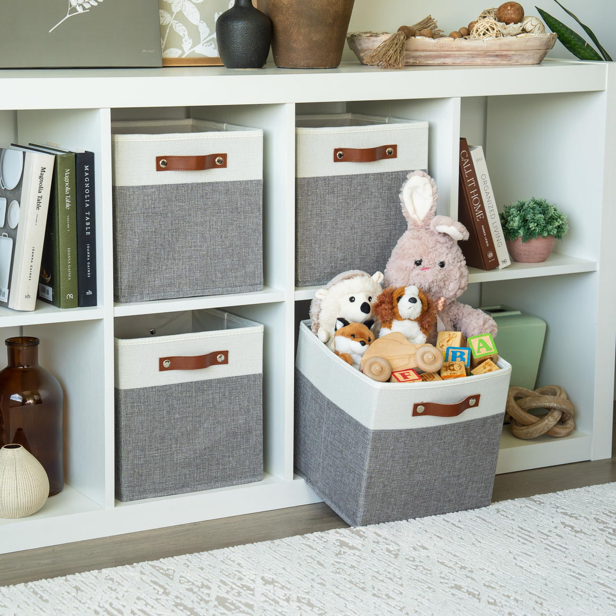 OrganiHaus Kallax-compatible cube bin keeps shelves tidy.