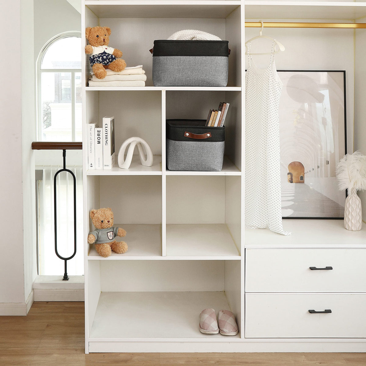 OrganiHaus baskets on pantry and closet shelves for versatile use