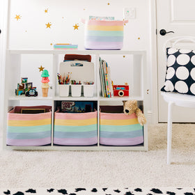 OrganiHaus pastel rainbow baskets with books neatly stored for easy reach