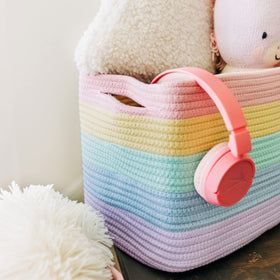 OrganiHaus pastel rainbow baskets close-up shows soft cotton rope and gentle edges